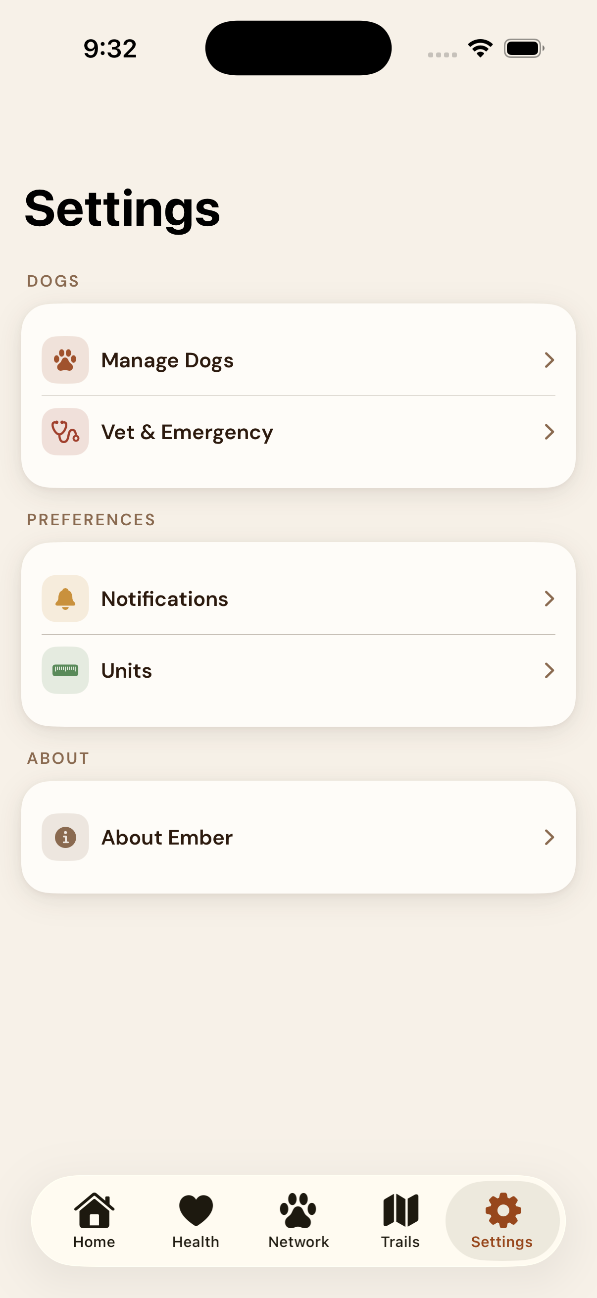 EmberPaws Settings — Manage Dogs, Vet and Emergency contacts, Notifications, Units