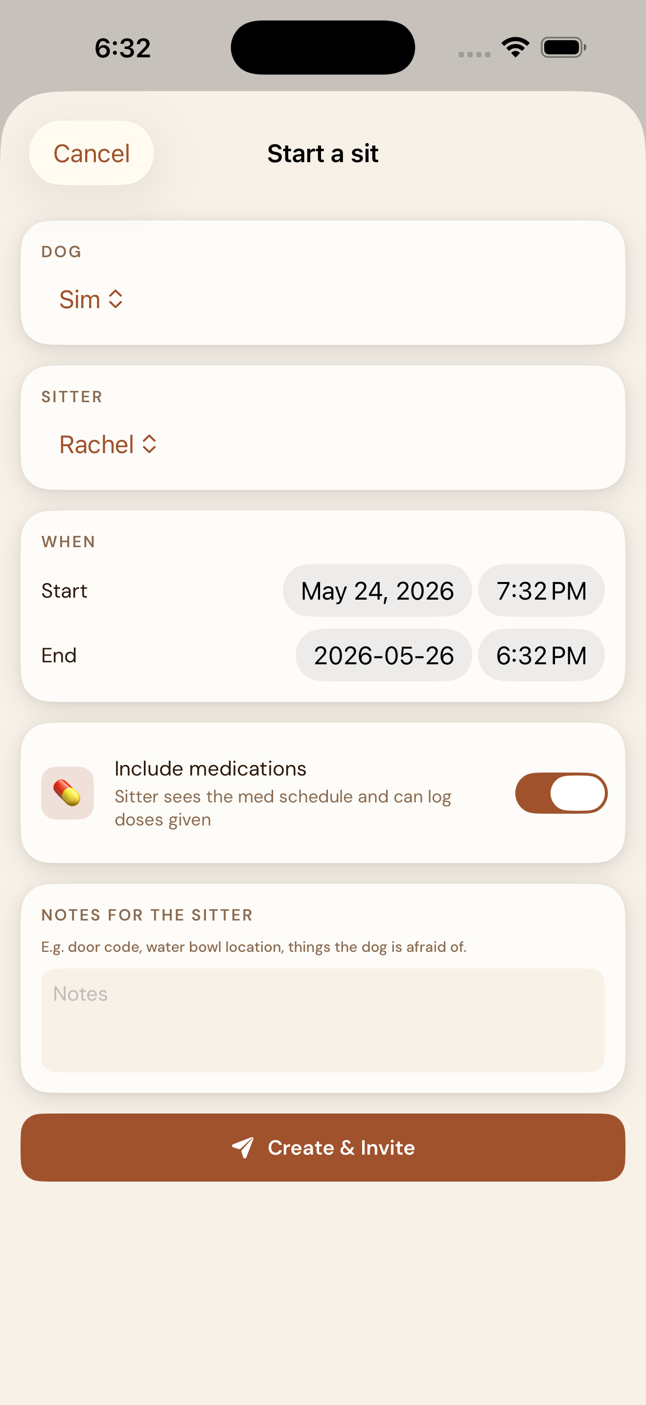 EmberPaws — the owner's Start a Sit form. Dog: Sim. Sitter: Rachel. Dates: May 24 through May 26. A toggle marks Include medications as on, with a note that the sitter will see the med schedule and can log doses given. A free-text Notes for the sitter field is below, and a copper Create & Invite button is at the bottom, ready to send the iMessage link.