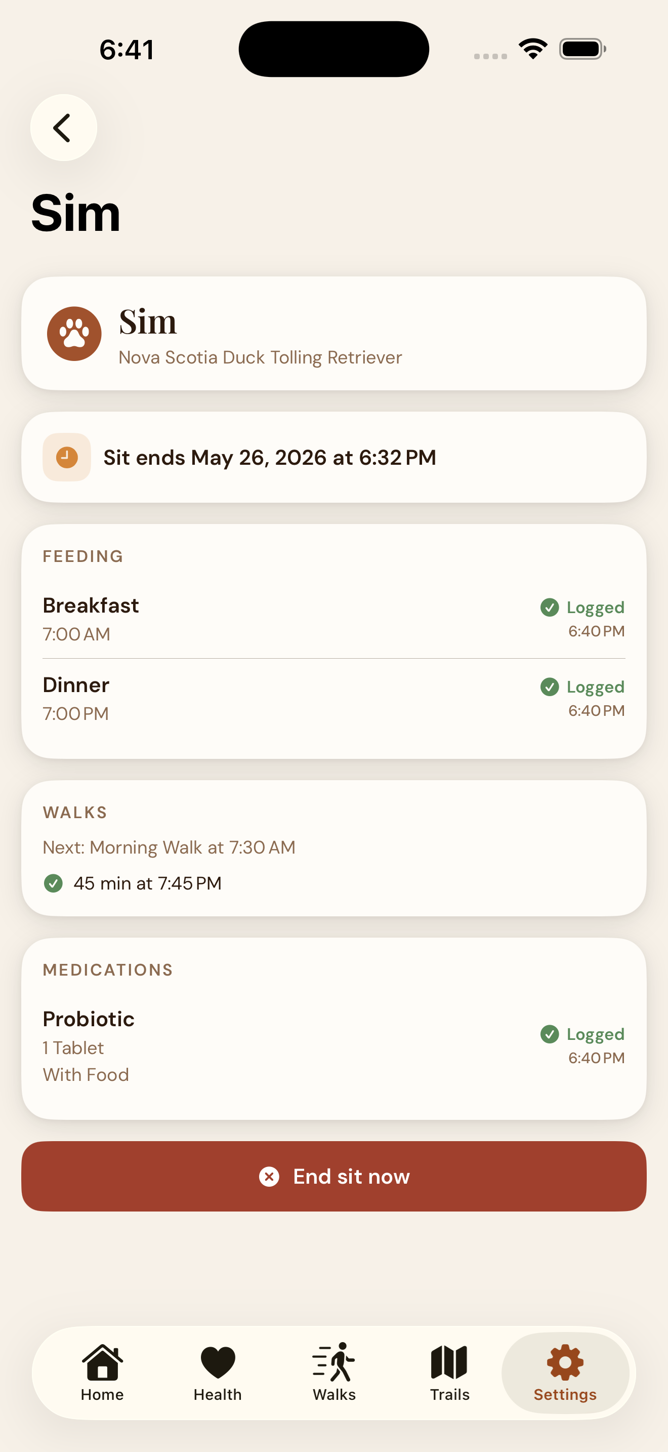 EmberPaws — the owner's sit dashboard after the sitter has logged the day's care. Sim's breakfast, dinner, and probiotic medication all show green Logged badges with the time they were given. The next walk and most recent walk are visible. An End sit now button is available at the bottom for the owner to wrap up the sit early.
